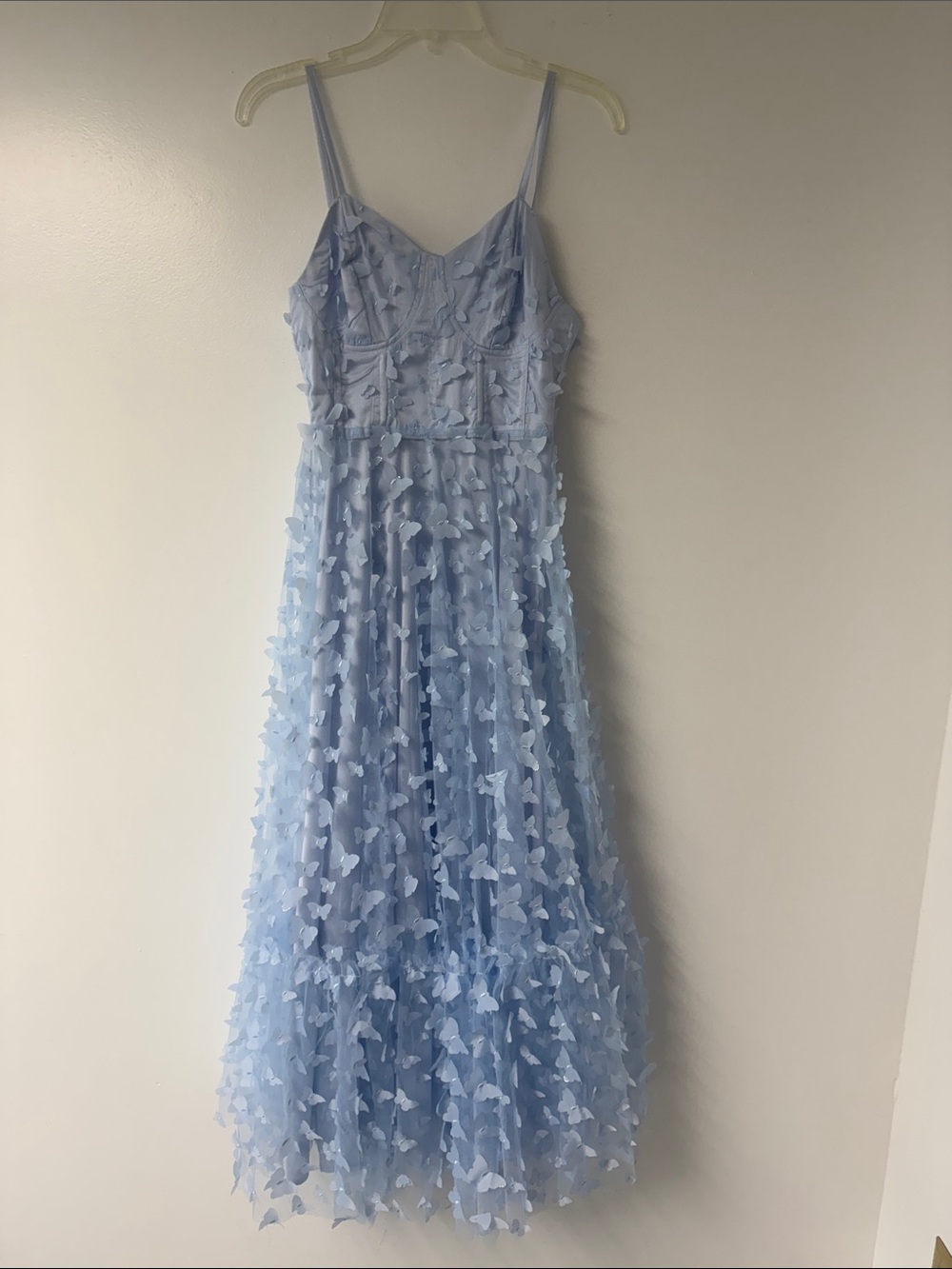 AKIRA Light Blue Midi Spaghetti Strap Floral Appliqué Dress